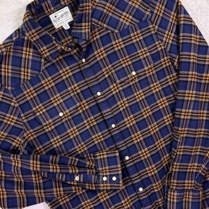 Lucky Brand Mens Western Shirt Large Blue Orange Plaid Saturday Stretch Snap